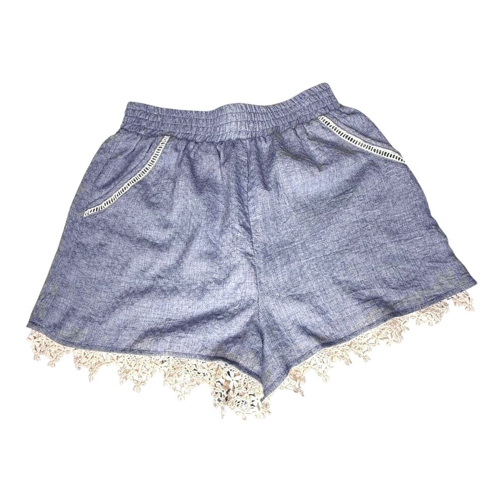 Le Lis Blue Embroidered Edge Shorts Women Sm Blue Cotton Pockets Pull On Girlie